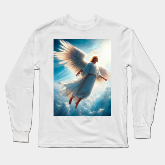 Blonde angel flying in the blue sky Long Sleeve T-Shirt by Marccelus